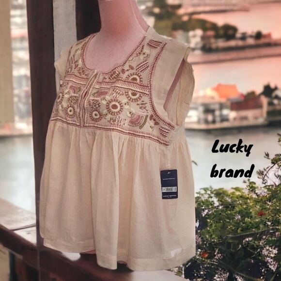 LUCKY BRAND NWT EMBROIDERED SHORT SLEEVE PEASANT TOP BLOUSE MEDIUM - Picture 2 of 9